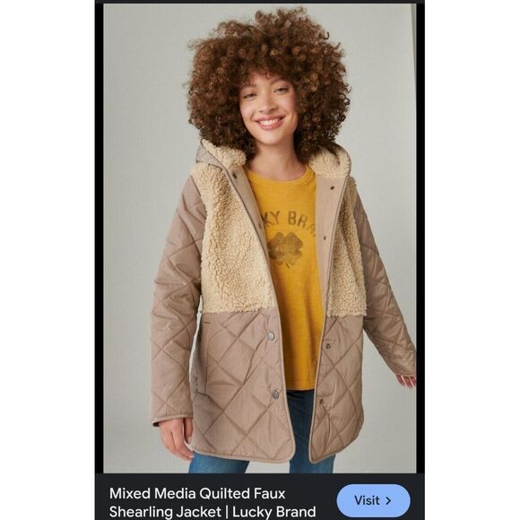 Lucky Brand Jackets & Blazers - NWOT Lucky Brand‎ Taupe Mixed Media Faux Shearling Hooded Button Up Jacket Sz S